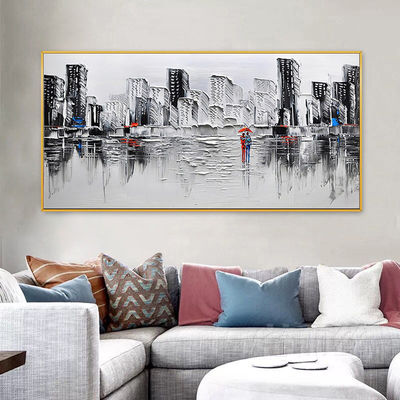 Handmade Canvas Abstract Landscape Oil Painting 6 Color Modern Panoramic City People