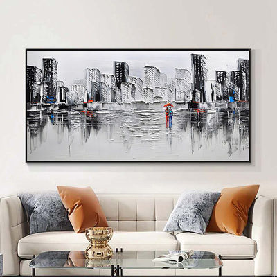 Handmade Canvas Abstract Landscape Oil Painting 6 Color Modern Panoramic City People