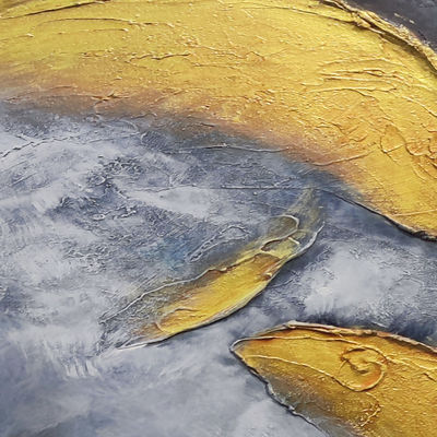 Oil Painting Medium and 6 Color Print Method Used for Hand Painted Goldfish Gold Foil Art Living Room Art