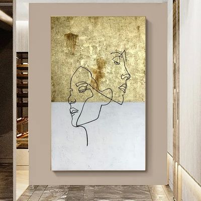 Gold Foil Oil Painting Realist Hand Painted Figure Line Decoration Art for Home Interior Design Frame Yes Original No