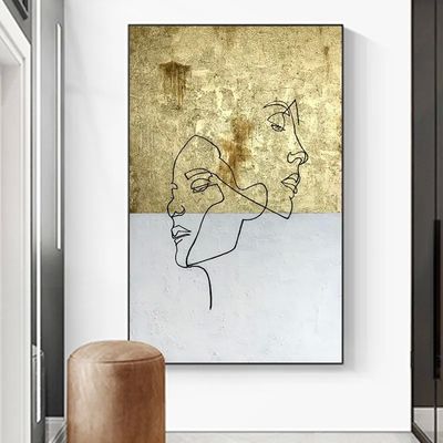 Gold Foil Oil Painting Realist Hand Painted Figure Line Decoration Art for Home Interior Design Frame Yes Original No