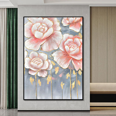 Hand Painted Customized Modern Textured Canvas Oil Painting showcasing Beautiful Flowers and Gold Foil Abstract Artworks