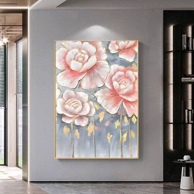 Hand Painted Customized Modern Textured Canvas Oil Painting showcasing Beautiful Flowers and Gold Foil Abstract Artworks