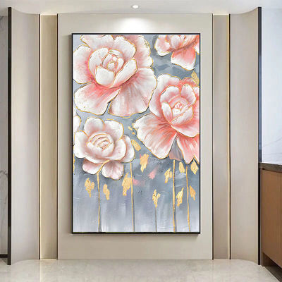 Hand Painted Customized Modern Textured Canvas Oil Painting showcasing Beautiful Flowers and Gold Foil Abstract Artworks