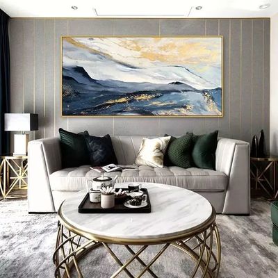 Blue Gold Foil Abstract Landscape Oil Painting On Canvas Hand Painted Modern Textured Medium Oil