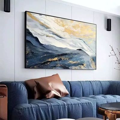 Blue Gold Foil Abstract Landscape Oil Painting On Canvas Hand Painted Modern Textured Medium Oil