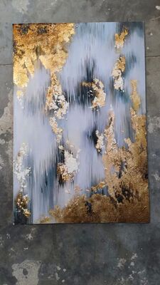 Gold Abstract Foil Hand Painted Oil Painting with Hand Applied Gold Leaf - Customized Size Wall Decor Canvas Art