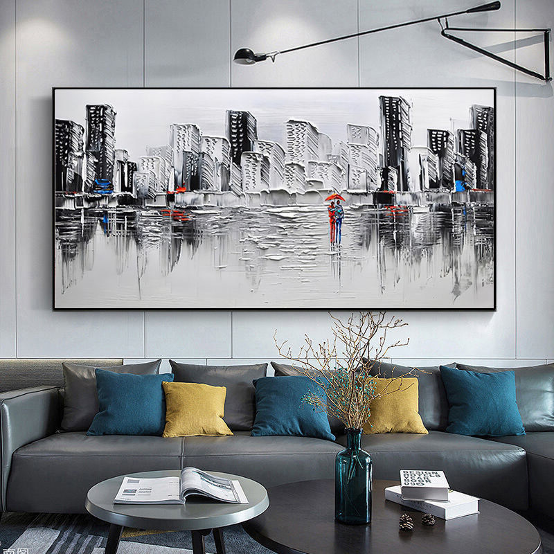 Handmade Canvas Abstract Landscape Oil Painting 6 Color Modern Panoramic City People